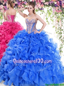 Luxurious Blue Sleeveless Beading and Ruffles Lace Up Quinceanera Dress