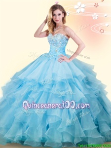 High Class Sweetheart Sleeveless Sweet 16 Dresses Floor Length Beading and Ruffles Baby Blue Organza