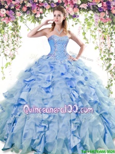 Blue Lace Up Sweetheart Beading and Ruffles 15th Birthday Dress Organza and Taffeta Sleeveless