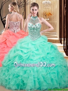 Custom Fit Halter Top Sleeveless Beading and Ruffles and Pick Ups Lace Up 15th Birthday Dress