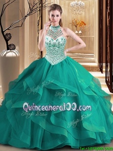 Halter Top Beading and Ruffles Sweet 16 Quinceanera Dress Dark Green Lace Up Sleeveless With Brush Train