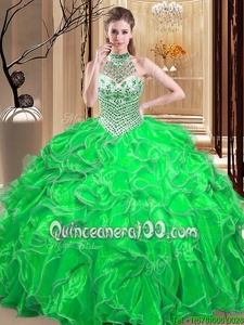 Stylish Spring Green Lace Up Halter Top Beading and Ruffles Quinceanera Gowns Organza Sleeveless