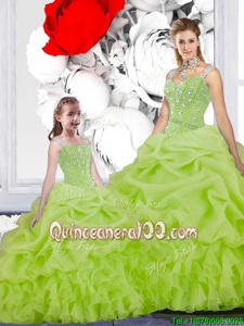 Luxury Spaghetti Straps Sleeveless Organza Sweet 16 Dresses Beading and Ruffles and Pick Ups Lace Up