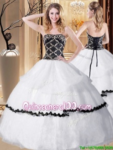 Dynamic White And Black Quinceanera Gown Military Ball and Sweet 16 and Quinceanera and For withBeading Strapless Sleeveless Lace Up