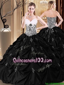 Simple Taffeta Sweetheart Sleeveless Lace Up Appliques and Pick Ups and Pattern Sweet 16 Quinceanera Dress inBlack