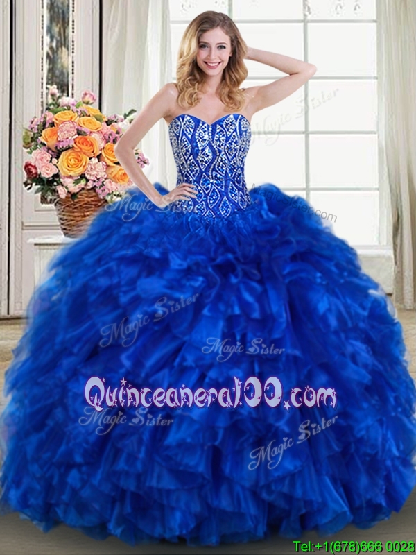 Classical Ruffled Beaded Bodice Royal Blue Quinceanera Dress with Brush ...