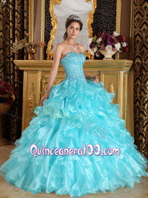 Aqua Blue Sweetheart Organza 16 Party Dress with Ruffles - Quinceanera 100