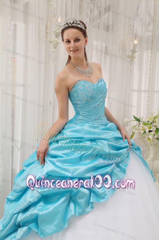 Aqua Blue Ball Gown Sweetheart Floor Length Taffeta And Tulle Beading 16 Birthday Party Dress 7385