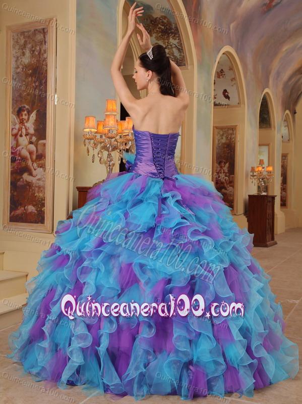 Purple and Aqua Blue Ball Gown Sweetheart Ruffles Organza 16 Birthday ...