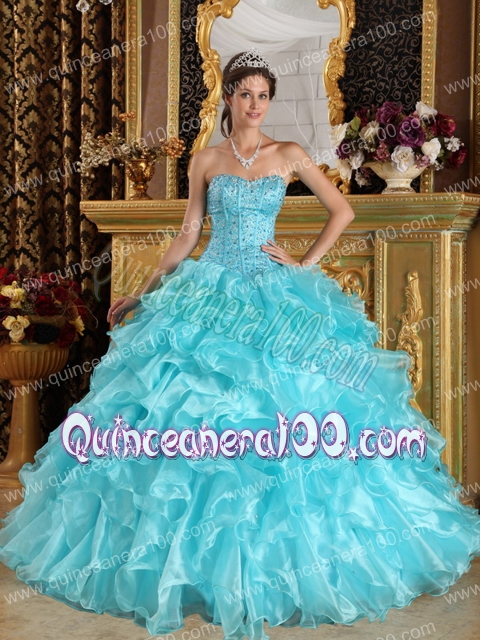 Aqua Blue Ball Gown Sweetheart Floor-length Ruffles Organza Quinceanera ...