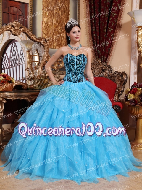 Aqua Blue Ball Gown Sweetheart Floor-length Organza Embroidery with ...