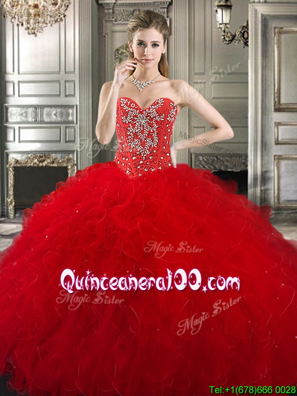 New Style Red Tulle Sweet 16 Dress With Beading And Ruffles