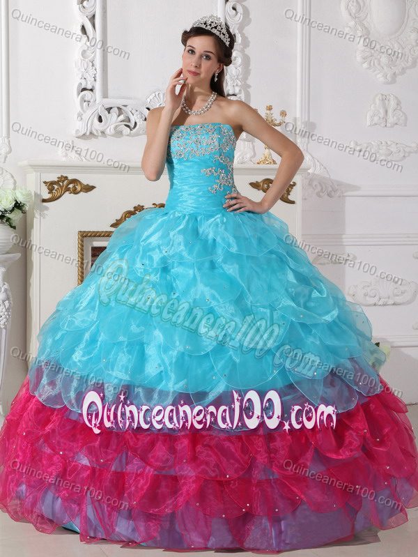 Aqua Blue and Hot Pink Quinceanera Dress with Ruffle Pieces ...