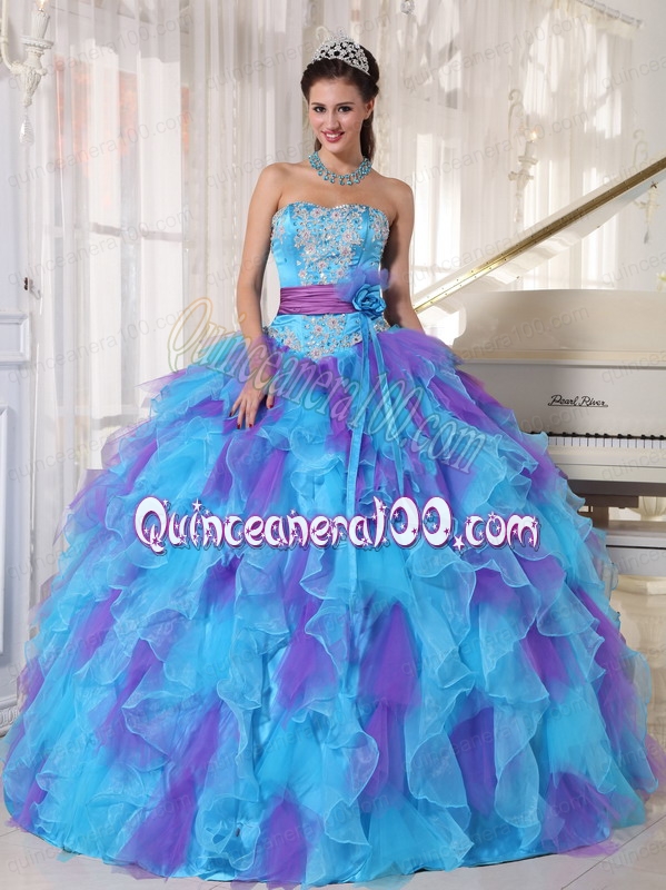 2014 Baby Blue and Purple Strapless Appliques Quinceanera Dress with ...