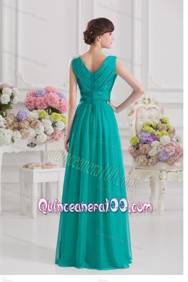 V-neck Empire Turquoise Chiffon Dresses for Dama with Ruching and ...