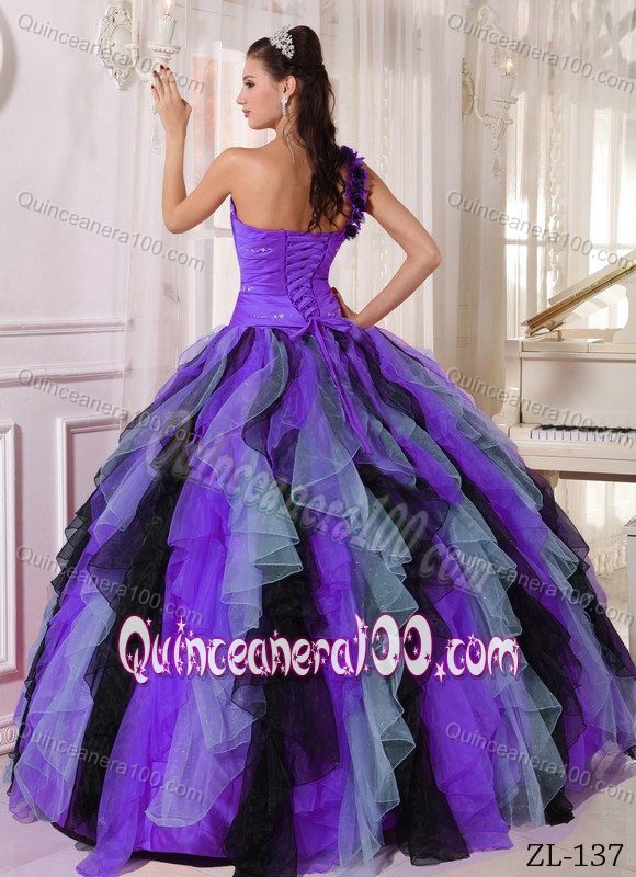 Multi-colored Ruffled Sweet 15th Dress with One Shoulder Strap ...