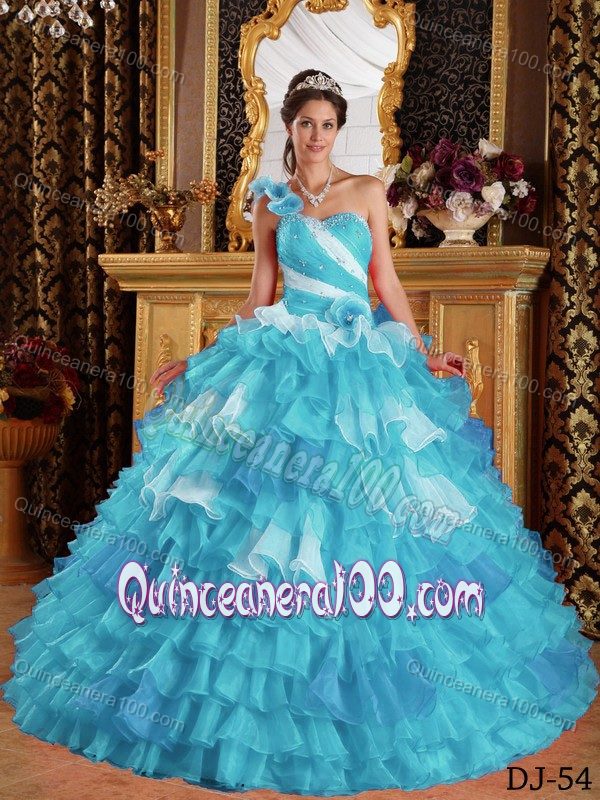 One Shoulder Aqua Blue Ruffles Beading Quinceanera Dress - Quinceanera 100