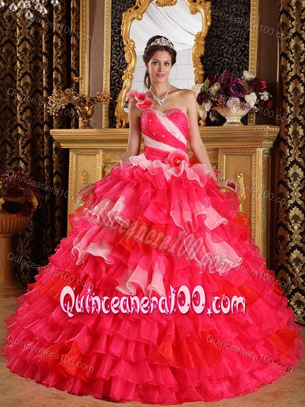 Red One Shoulder Organza Ruffles Quinceanera Dress Beaded - Quinceanera 100