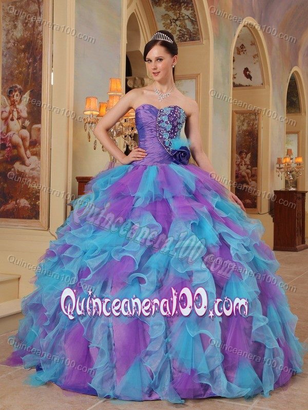 Purple and Aqua Blue Sweetheart Quinceanera Gown Ruffled - Quinceanera 100