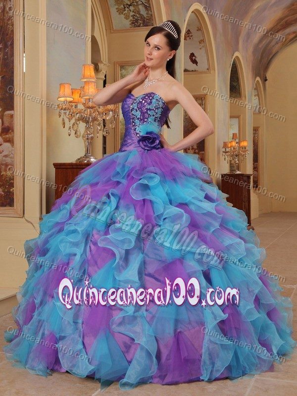 Purple and Aqua Blue Sweetheart Quinceanera Gown Ruffled - Quinceanera 100