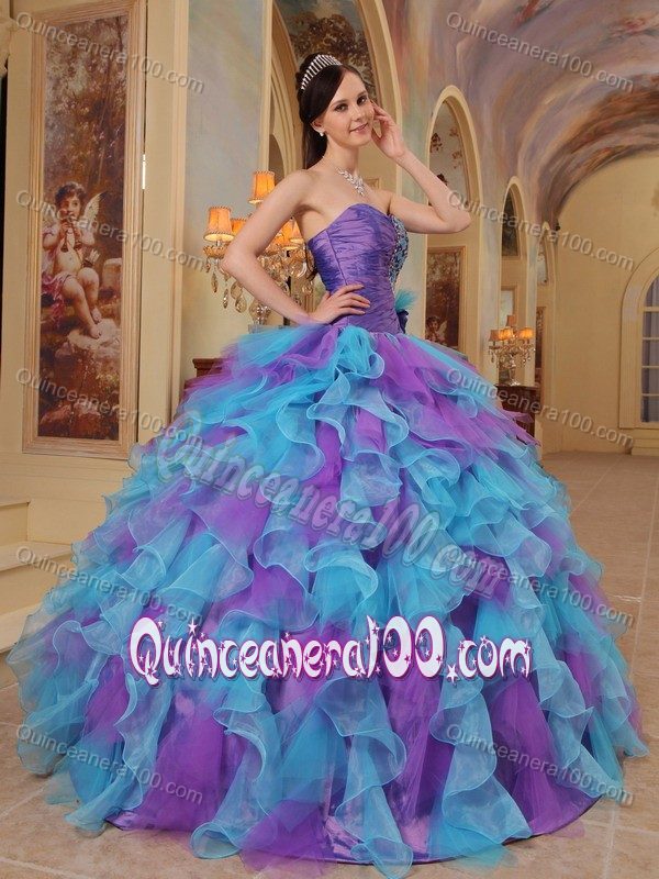 Purple and Aqua Blue Sweetheart Quinceanera Gown Ruffled - Quinceanera 100