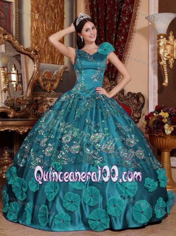 V-neck Beading and Embroidery Puffy Sweet 16 Gowns in Teal ...
