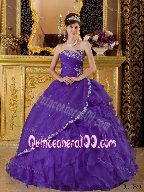 Appliques and Ruche Purple Organza Quinceanera Dress with Ruffles ...