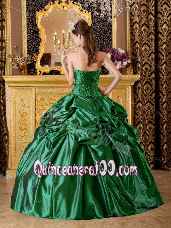 Hunter Green Appliques Strapless Quinceanera Dress with Pick-ups ...