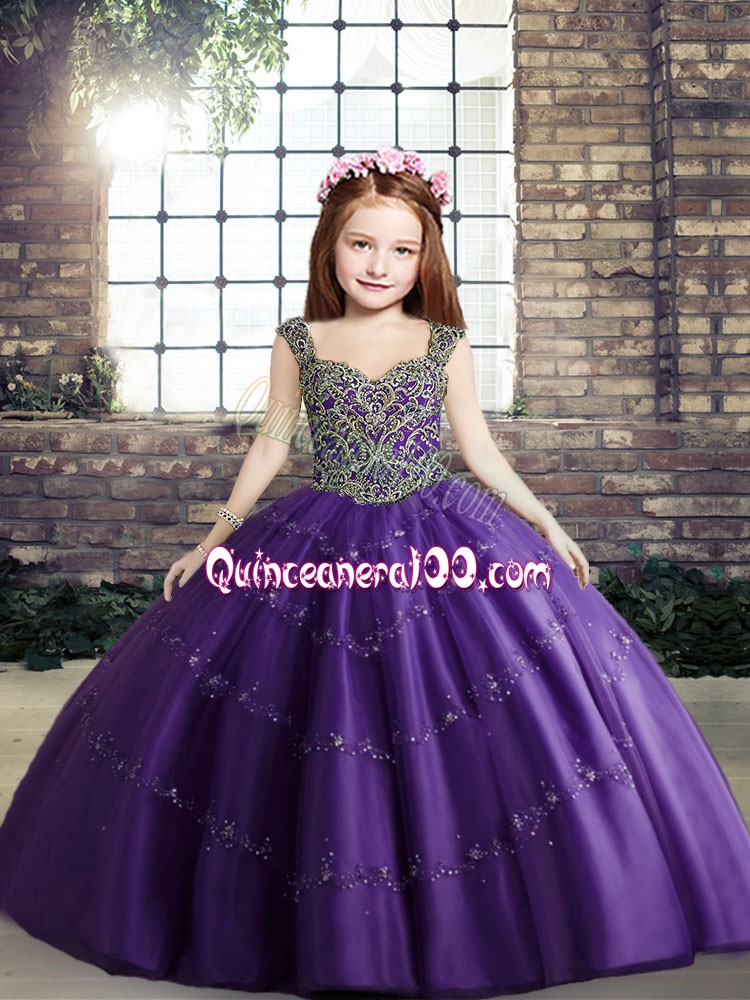 Purple Lace Up Kids Pageant Dress Beading Sleeveless Floor Length ...