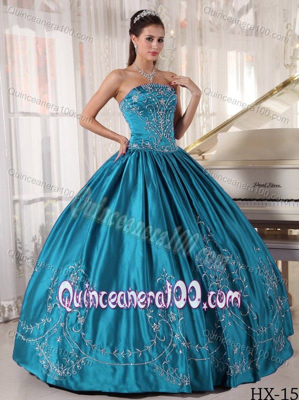 Teal Strapless Ball Gown Quinceanera Gown Dress with Embroidery ...