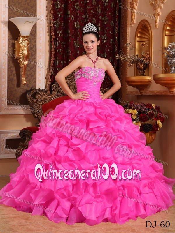 Hot Pink Strapless Ruched Bust Quinceanera Gowns Lace up Back ...