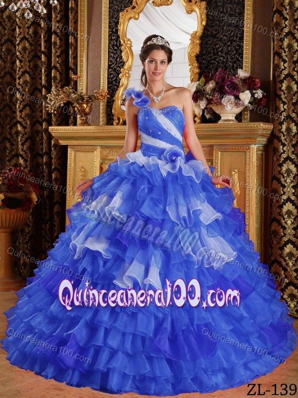 Royal Blue One Floral Shoulder Beading Ruffled Quinceanera Dresses ...