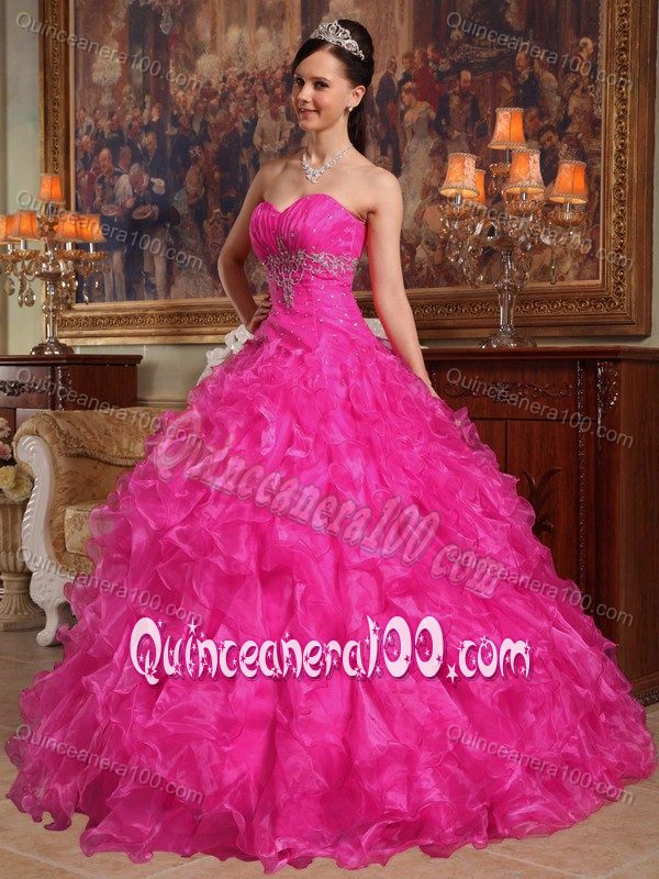 Hot Pink Sweetheart Ruffled Organza Sweet Sixteen Dresses - Quinceanera 100
