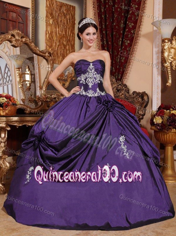 Purple Taffeta Appliques Quinceanera Dresses with Flowers - Quinceanera 100