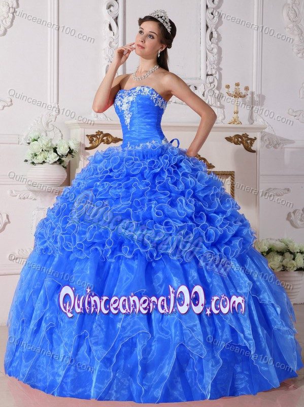 Blue Strapless Embroidery and Ruffles Dress for Quince Plus ...