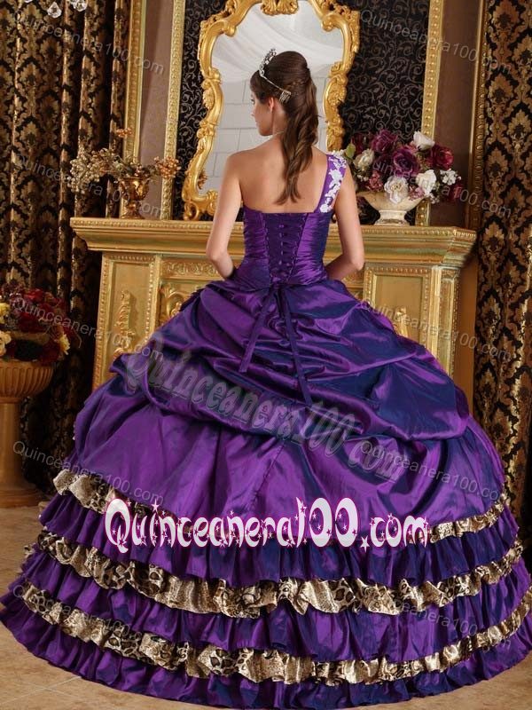 Leopard Print Ruffles Appliques Sweet 15 Dress with One Shoulder ...