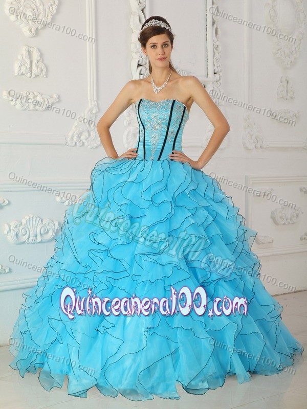 Popular Baby Blue Strapless Appliques and Ruffles Quinceanera Gown ...