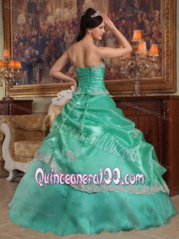 Light Green Sweetheart Appliques Pick-ups Ruched Quinceanera Gown