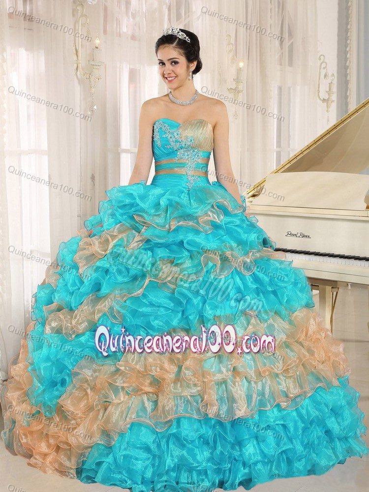 Orange and Aqua Blue Ruffled Appliqued Dress for Sweet 15 - Quinceanera 100