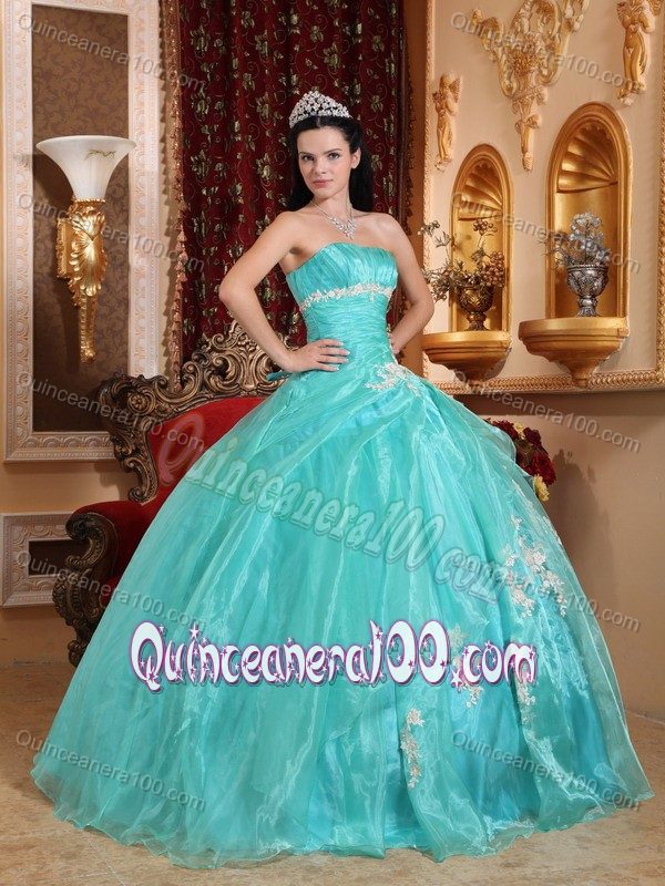Turquoise Floor-length Organza Quinceanera Dress with Appliques ...
