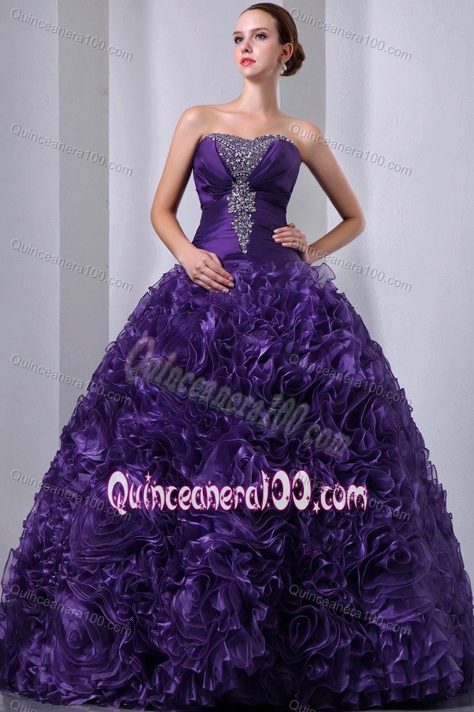 Strapless Rolling Flowers Beaded Sweet Sixteen Dresses in Purple