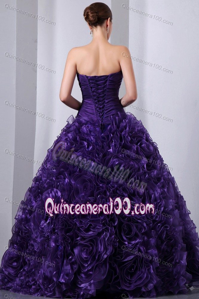 Strapless Rolling Flowers Beaded Sweet Sixteen Dresses in Purple