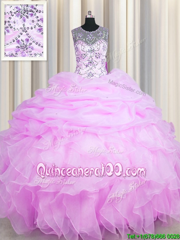 Dramatic See Through Lilac Organza Lace Up Scoop Sleeveless Floor ...
