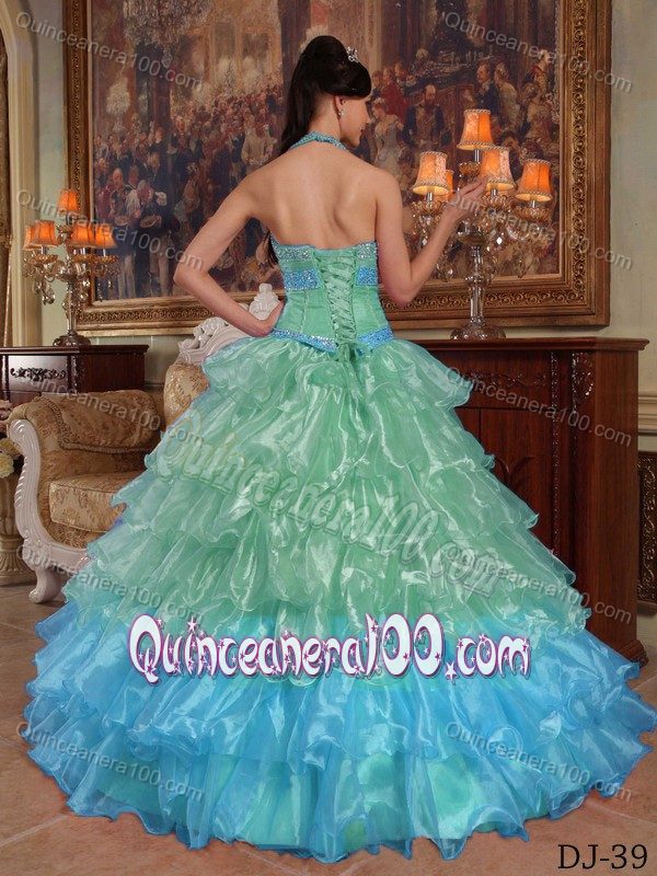 Green and Blue Halter Beaded and Ruffled Quinceanera Dress Gown ...