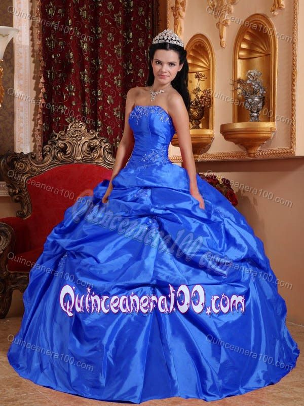 Royal Blue Taffeta Strapless Quince Dresses with Pick ups Appliques ...