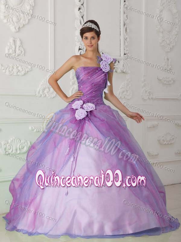 Flowery Ruched One Shoulder Organza Sweet 15 Dress in Lilac ...