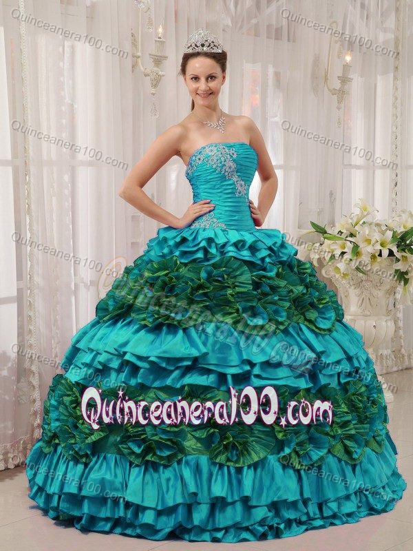 Laura Linney Teal and Green Ball Gown Sweet 15 Dresses with Ruffles ...