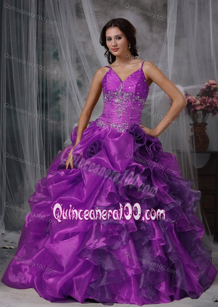 Spaghetti Straps Beading Purple Dresses for 15 with Ruffles ...