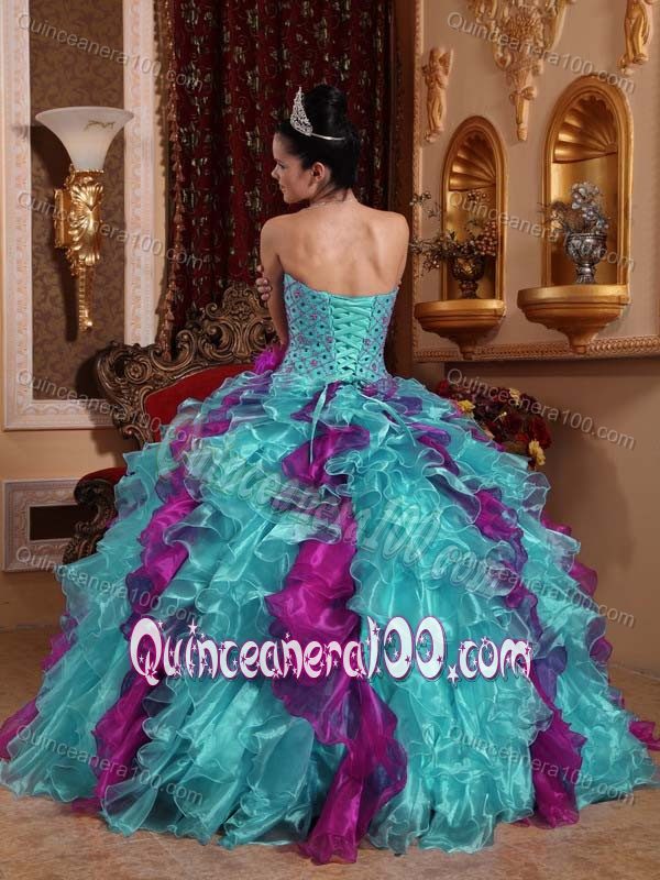 Sweetheart Teal and Purple Quinceanera Dress with Beading and Ruffles ...