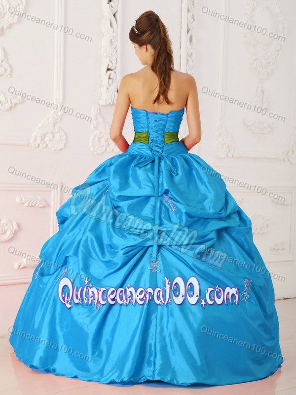 Beaded Blue Sweet 15 Dresses with Olive Green Sash and Pick ups ...